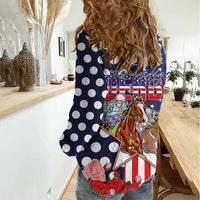 Kentucky Horses Racing Women Casual Shirt US Flag Grunge and Dot Pattern Blue Color