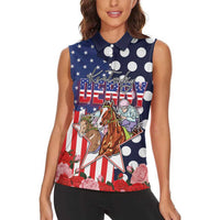 Kentucky Horses Racing Women Sleeveless Polo Shirt US Flag Grunge and Dot Pattern Blue Color