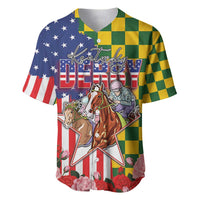 Kentucky Horses Racing Baseball Jersey US Flag Grunge and Check Pattern Green Color