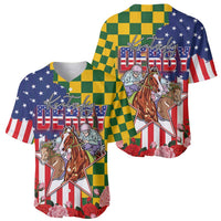 Kentucky Horses Racing Baseball Jersey US Flag Grunge and Check Pattern Green Color