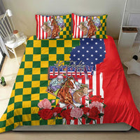 Kentucky Horses Racing Bedding Set US Flag Grunge and Check Pattern Green Color