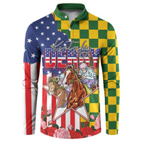 Kentucky Horses Racing Button Sweatshirt US Flag Grunge and Check Pattern Green Color