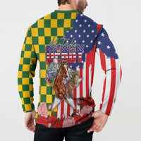 Kentucky Horses Racing Button Sweatshirt US Flag Grunge and Check Pattern Green Color