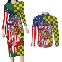 Kentucky Horses Racing Couples Matching Long Sleeve Bodycon Dress and Long Sleeve Button Shirt US Flag Grunge and Check Pattern Green Color