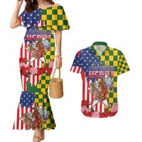 Kentucky Horses Racing Couples Matching Mermaid Dress and Hawaiian Shirt US Flag Grunge and Check Pattern Green Color