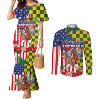 Kentucky Horses Racing Couples Matching Mermaid Dress and Long Sleeve Button Shirt US Flag Grunge and Check Pattern Green Color