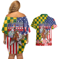 Kentucky Horses Racing Couples Matching Off Shoulder Short Dress and Hawaiian Shirt US Flag Grunge and Check Pattern Green Color