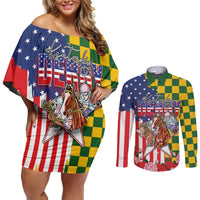 Kentucky Horses Racing Couples Matching Off Shoulder Short Dress and Long Sleeve Button Shirt US Flag Grunge and Check Pattern Green Color
