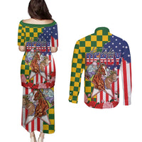 Kentucky Horses Racing Couples Matching Puletasi and Long Sleeve Button Shirt US Flag Grunge and Check Pattern Green Color
