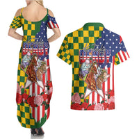 Kentucky Horses Racing Couples Matching Summer Maxi Dress and Hawaiian Shirt US Flag Grunge and Check Pattern Green Color