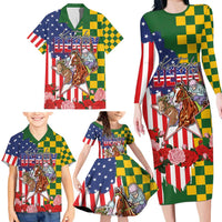 Kentucky Horses Racing Family Matching Long Sleeve Bodycon Dress and Hawaiian Shirt US Flag Grunge and Check Pattern Green Color