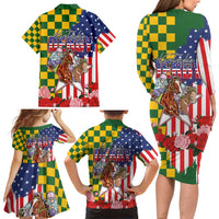 Kentucky Horses Racing Family Matching Long Sleeve Bodycon Dress and Hawaiian Shirt US Flag Grunge and Check Pattern Green Color