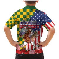 Kentucky Horses Racing Family Matching Mermaid Dress and Hawaiian Shirt US Flag Grunge and Check Pattern Green Color
