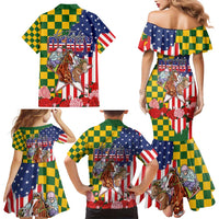 Kentucky Horses Racing Family Matching Mermaid Dress and Hawaiian Shirt US Flag Grunge and Check Pattern Green Color