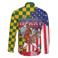 Kentucky Horses Racing Family Matching Mermaid Dress and Hawaiian Shirt US Flag Grunge and Check Pattern Green Color