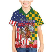 Kentucky Horses Racing Family Matching Mermaid Dress and Hawaiian Shirt US Flag Grunge and Check Pattern Green Color