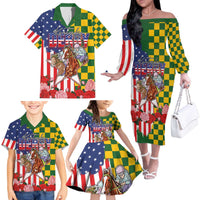 Kentucky Horses Racing Family Matching Off The Shoulder Long Sleeve Dress and Hawaiian Shirt US Flag Grunge and Check Pattern Green Color