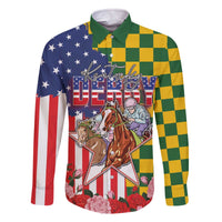 Kentucky Horses Racing Family Matching Off The Shoulder Long Sleeve Dress and Hawaiian Shirt US Flag Grunge and Check Pattern Green Color