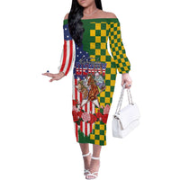 Kentucky Horses Racing Family Matching Off The Shoulder Long Sleeve Dress and Hawaiian Shirt US Flag Grunge and Check Pattern Green Color