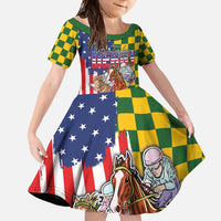 Kentucky Horses Racing Family Matching Off Shoulder Maxi Dress and Hawaiian Shirt US Flag Grunge and Check Pattern Green Color