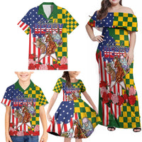 Kentucky Horses Racing Family Matching Off Shoulder Maxi Dress and Hawaiian Shirt US Flag Grunge and Check Pattern Green Color