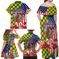 Kentucky Horses Racing Family Matching Off Shoulder Maxi Dress and Hawaiian Shirt US Flag Grunge and Check Pattern Green Color