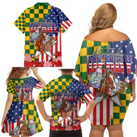 Kentucky Horses Racing Family Matching Off Shoulder Short Dress and Hawaiian Shirt US Flag Grunge and Check Pattern Green Color