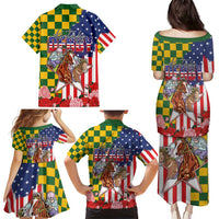 Kentucky Horses Racing Family Matching Puletasi and Hawaiian Shirt US Flag Grunge and Check Pattern Green Color