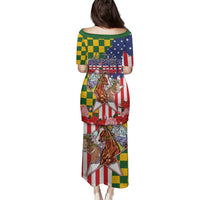 Kentucky Horses Racing Family Matching Puletasi and Hawaiian Shirt US Flag Grunge and Check Pattern Green Color