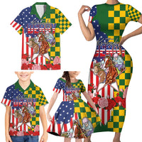 Kentucky Horses Racing Family Matching Short Sleeve Bodycon Dress and Hawaiian Shirt US Flag Grunge and Check Pattern Green Color