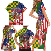 Kentucky Horses Racing Family Matching Short Sleeve Bodycon Dress and Hawaiian Shirt US Flag Grunge and Check Pattern Green Color