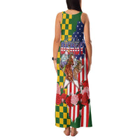 Kentucky Horses Racing Family Matching Tank Maxi Dress and Hawaiian Shirt US Flag Grunge and Check Pattern Green Color