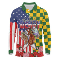 Kentucky Horses Racing Long Sleeve Polo Shirt US Flag Grunge and Check Pattern Green Color