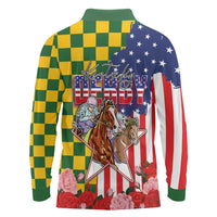 Kentucky Horses Racing Long Sleeve Polo Shirt US Flag Grunge and Check Pattern Green Color