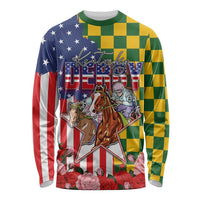 Kentucky Horses Racing Long Sleeve Shirt US Flag Grunge and Check Pattern Green Color