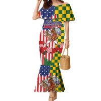 Kentucky Horses Racing Mermaid Dress US Flag Grunge and Check Pattern Green Color