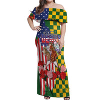 Kentucky Horses Racing Off Shoulder Maxi Dress US Flag Grunge and Check Pattern Green Color