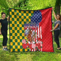 Kentucky Horses Racing Quilt US Flag Grunge and Check Pattern Green Color