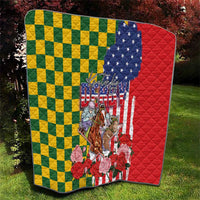 Kentucky Horses Racing Quilt US Flag Grunge and Check Pattern Green Color