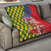 Kentucky Horses Racing Quilt US Flag Grunge and Check Pattern Green Color