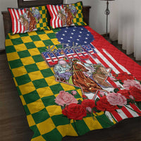 Kentucky Horses Racing Quilt Bed Set US Flag Grunge and Check Pattern Green Color