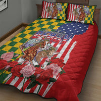 Kentucky Horses Racing Quilt Bed Set US Flag Grunge and Check Pattern Green Color