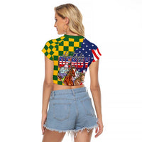Kentucky Horses Racing Raglan Cropped T Shirt US Flag Grunge and Check Pattern Green Color