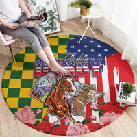 Kentucky Horses Racing Round Carpet US Flag Grunge and Check Pattern Green Color