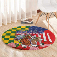 Kentucky Horses Racing Round Carpet US Flag Grunge and Check Pattern Green Color
