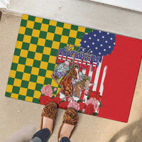 Kentucky Horses Racing Rubber Doormat US Flag Grunge and Check Pattern Green Color
