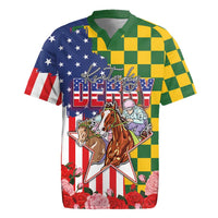 Kentucky Horses Racing Rugby Jersey US Flag Grunge and Check Pattern Green Color