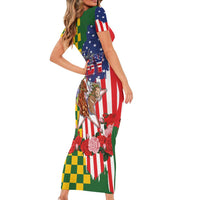 Kentucky Horses Racing Short Sleeve Bodycon Dress US Flag Grunge and Check Pattern Green Color