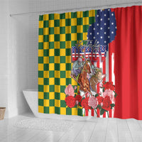 Kentucky Horses Racing Shower Curtain US Flag Grunge and Check Pattern Green Color