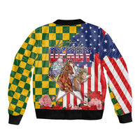 Kentucky Horses Racing Sleeve Zip Bomber Jacket US Flag Grunge and Check Pattern Green Color